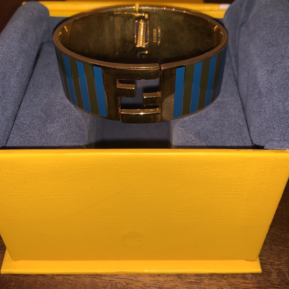 Fendi Gold and Blue Striped Hinged Cuff Bracelet - Picture 3 of 8